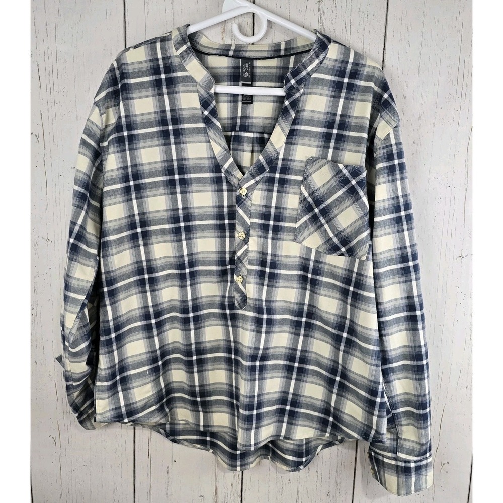 Mountain Hardwear Tunic Top Women XL Blue White Plaid Roll-Tab V-Neck Gorpcore